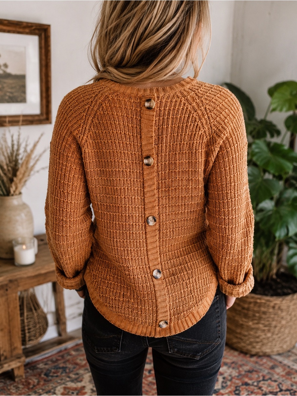 Rust Orange | Chunky Knit Button Back Sweater | M / L